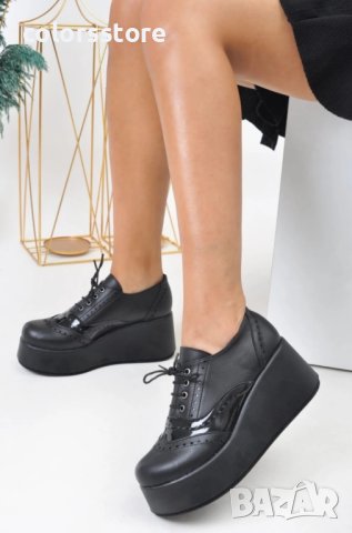 Обувки на платформа - черна кожа - 450-L, снимка 1 - Кецове - 35247816
