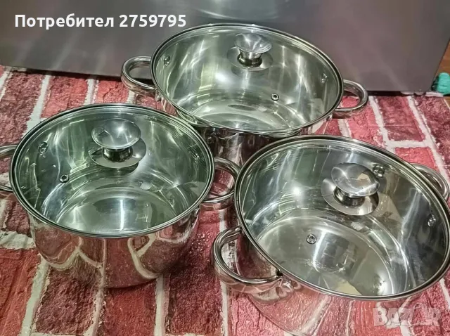 НОВО.Високо качествен комплект тройка тенджери Rosberg с двойно дъно., снимка 2 - Съдове за готвене - 48642035