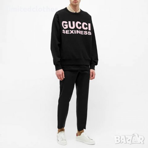 GUCCI Black Sexiness Logo Print Мъжка Блуза тип Пуловер size M, снимка 4 - Пуловери - 34843357