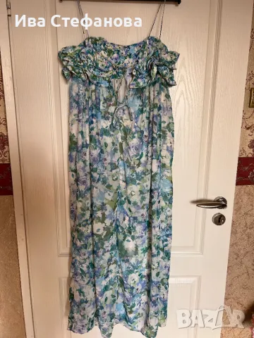 Ефирна кукленска дълга нова  синьо зелена рокля флорален принт цветя висока талия Mango MNG Манго , снимка 4 - Рокли - 47261737