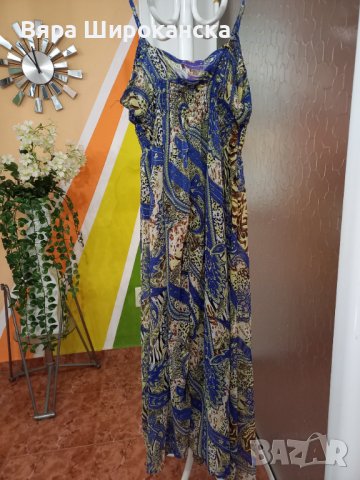Пъстра лятна рокля с презрамки. Размер: L. Немачкаема коприна с лека, еластична подплата. Вграден су, снимка 3 - Рокли - 40522983