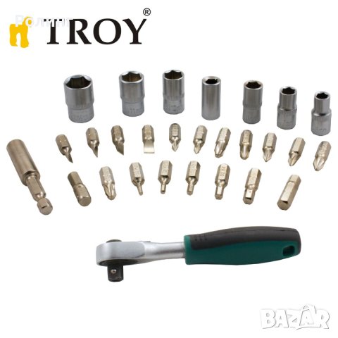 Комплект гедоре мини тресчотка с вложки и битове 1/4“ 28 части / Troy 21948 /