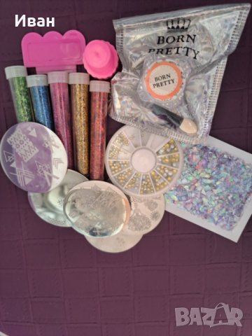 Лот,пигмент русалка,декоративно фолио за маникюр,брокат,печат,камъчета,шаблони 5бр., снимка 1