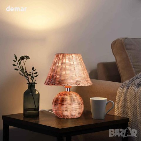 Екологична ратанова настолна лампа, ръчно плетен абажур, Е14, 2 броя, снимка 6 - Настолни лампи - 42937325