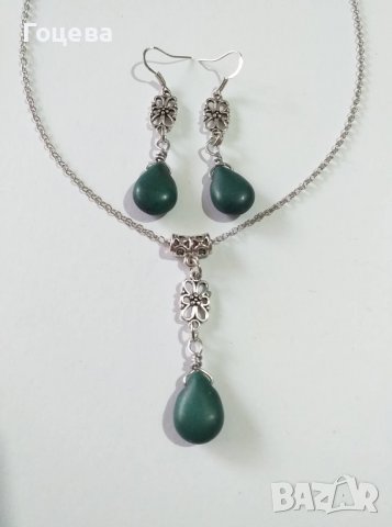 Красив комплект с тъмно зелени Тюркоази капка и нежни орнаменти цвят сребро, снимка 5 - Бижутерийни комплекти - 38762018