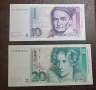 Германия.
ФРГ.
10 и 20  дойче марки.
1989, 1991 година., снимка 1