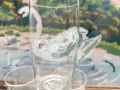 Стъклени ретро чаши с бяло цвете и бял кант по гърлото, снимка 2
