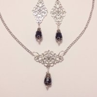 Разкошен Викториански комплект с Черни кристали и филигрирани орнаменти в цвят Сребро, снимка 1 - Бижутерийни комплекти - 28257261