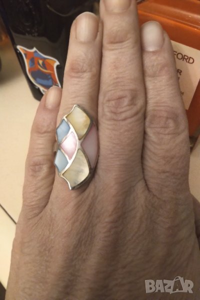 Сребърен пръстен с няколко цвята седеф разпродажба , снимка 1