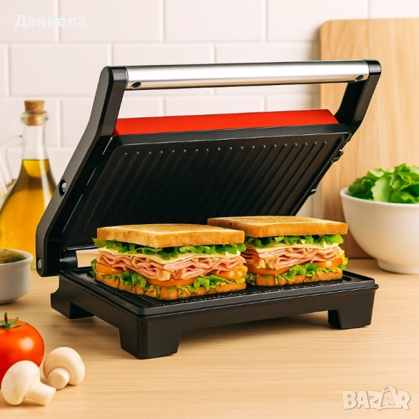 Тостер грил Royalty Line RL-PM1000 - Компактен грил и сандвич преса 2 в 1, снимка 1