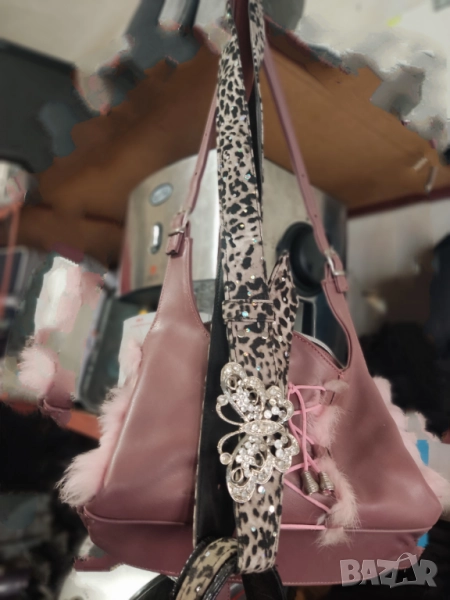 Кожени чанти Чанта тигров принт Колан тигров принт Сет чанта и колан тигров принт Кафява чанта велур, снимка 1