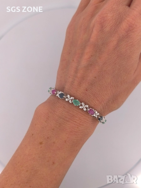 СРЕБЪРНА ГРИВНА С НАТУРАЛЕН САПФИР, РУБИН, ИЗУМРАД ОТ ТАЙЛАНД, снимка 1