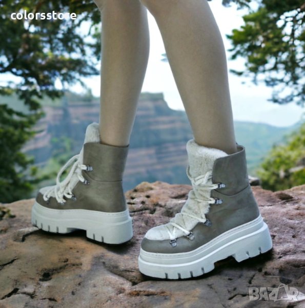 Боти на платформа - кафяв велур с бежов пух - BPUH1, снимка 1