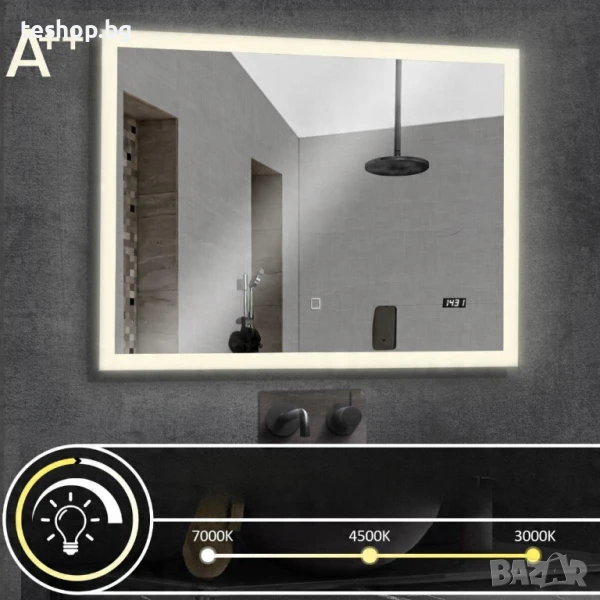 Огледало за баня 80x60 см за стенно окачване С LED ОСВЕТЛЕНИЕ И ЧАСОВНИК, снимка 1