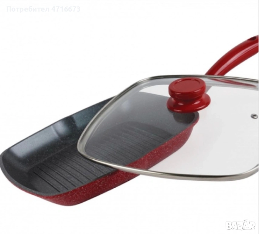 Тиган грил с капак ,Мраморно покритие, индукция, Червен, снимка 1