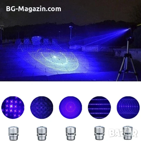 Мощен акумулаторен син лазер 5000mW пойнтер горящ палещ клечка кибрит пука балон батерии 16340, снимка 5 - Друга електроника - 51040617