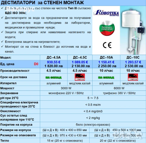 Дестилатори настолни и стенни, снимка 5 - Лаборатория - 30820266
