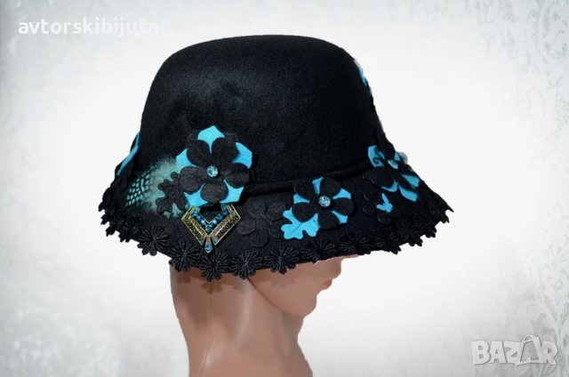 ⚜️ Черна дамска шапка филц с цветя и пеперуди №3090, снимка 7 - Шапки - 38130063