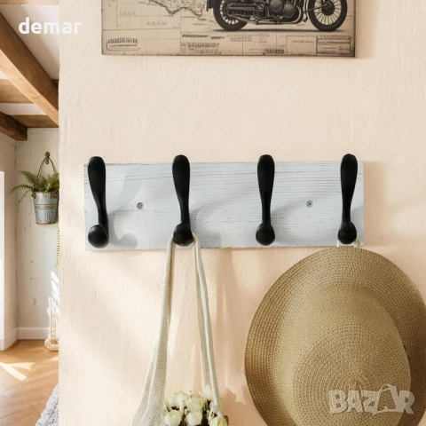 Закачалка за палта HONSKY за стенен монтаж, дървена с 4 двойни куки, бяла/черна, снимка 7 - Закачалки - 50917845