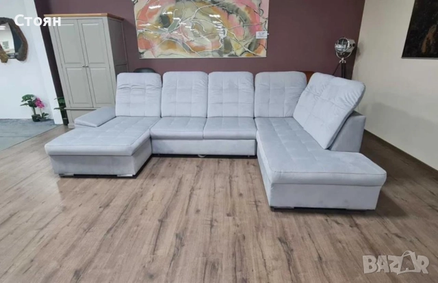 Сиво син П образен ъглов диван от плат Nigrum с функция сън, снимка 2 - Дивани и мека мебел - 52125490