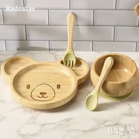 Детски бамбуков комплект за хранене с вакуумно дъно 4 части, снимка 2 - Прибори, съдове, шишета и биберони - 53224751