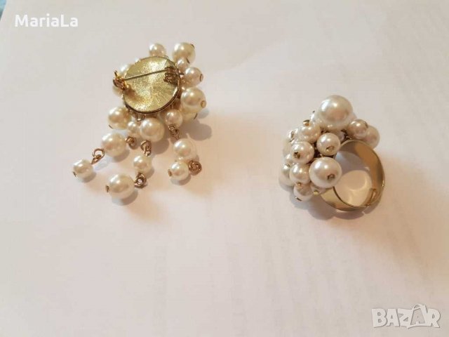 К-т пръстен и брожка с перли, снимка 3 - Бижутерийни комплекти - 29017222