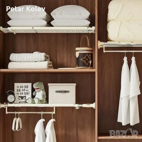 Разтегателен телескопичен рафт без пробиване 50–80 см – универсално решение за кухня, баня и гардеро, снимка 6 - Етажерки - 53514095