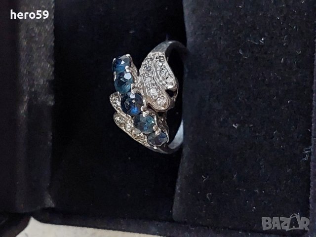 Дамски сребърен пръстен с диаманти и синтетични сапфири , снимка 4 - Пръстени - 43959456
