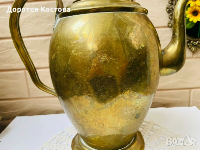 Голям месингов чайник от Англия с порцелан на капака, снимка 3 - Антикварни и старинни предмети - 53577942