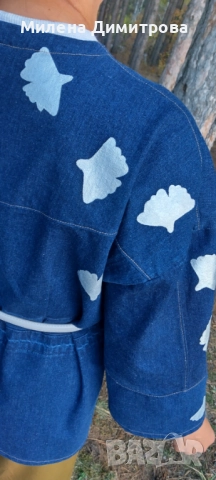 Дамско кимоно от рециклиран деним и рисувана Гинко Билоба , снимка 4 - Сака - 48851511