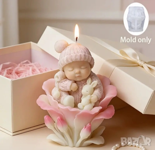 Молд бебе със зайче в цвете, снимка 2 - Форми - 53493796