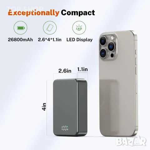 Магнитна безжична външна батерия, 26800 mAh бързо преносимо зарядно устройство, USB C вход и изход, снимка 7 - Външни батерии - 49500267