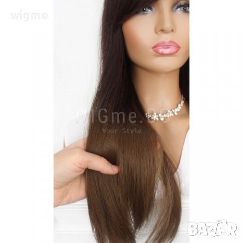 Дълга права шоколадово кафява перука с бретон Наоми, снимка 2 - Аксесоари за коса - 30987186