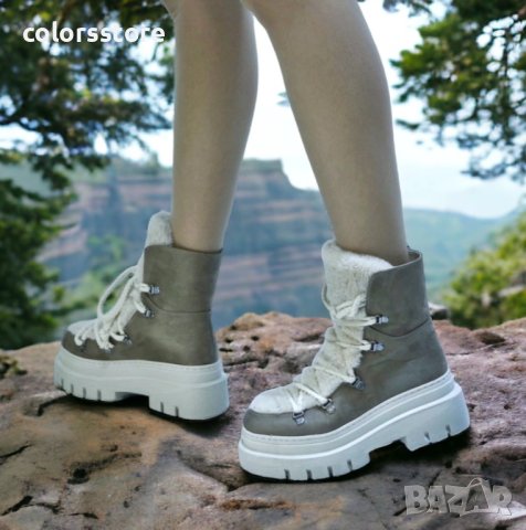 Боти на платформа - кафяв велур с бежов пух - BPUH1