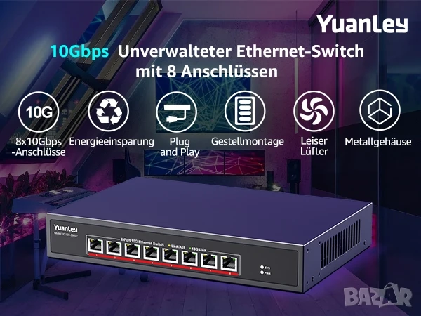 Yuanley 8 порта х 10G RJ45 Ethernet суич, неуправляем комутатор, plug and play , снимка 8 - Суичове - 50271107