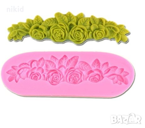 Рози и листа ред силиконов молд форма декорация торта фондан сладки мъфини, снимка 2 - Форми - 26819120