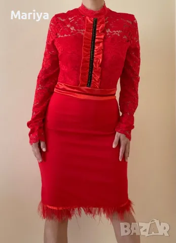 Стилна червена рокля с дантела и пера. Размер С и М, снимка 3 - Рокли - 47681636