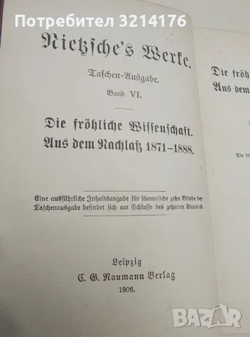 Nietzsches Werke: Taschen-Ausgabe. Band VI, Die fröhliche Wissenschaft ; Aus dem Nachlass 1871-1888, снимка 3 - Специализирана литература - 48310112