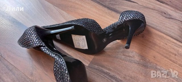 Нови абитуриентски черни елегантни обувки със сребърен брокат и остър връх, снимка 6 - Дамски обувки на ток - 32729886