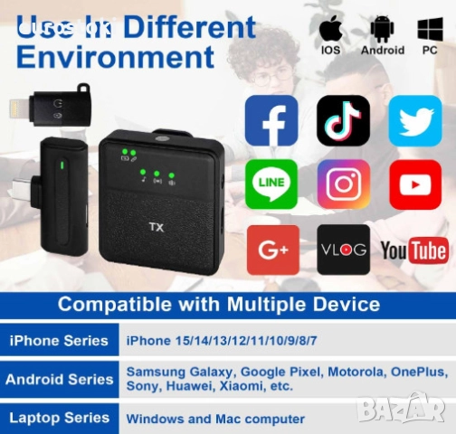 Безжичен микрофон Kinizuxi, професионален лавалиер микрофон за iPhone, iPad, Android, 2.4G , снимка 7 - Аксесоари за Apple - 52587453