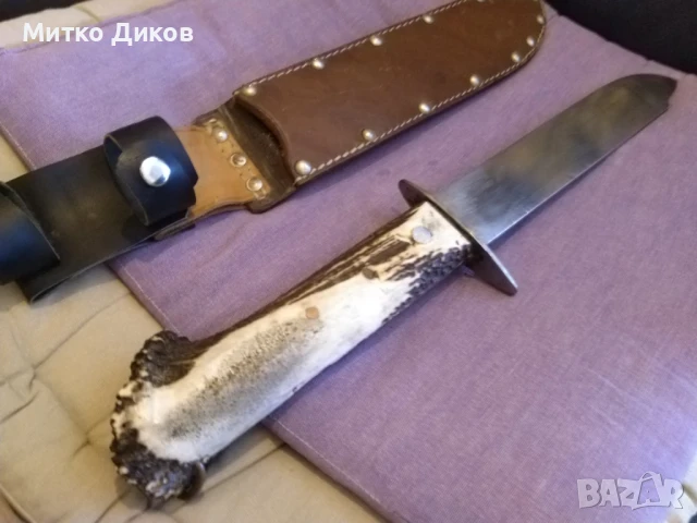 Масивен ловен нож дръжка еленов рог калъф естест.кожа 45см и острие 247х43мм дебелина 5мм, снимка 5 - Ножове - 51009467