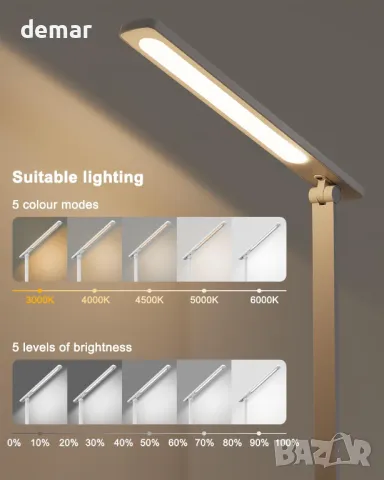 LONGTOO LED настолна лампа, димируема с 5 яркости и 5 цветови режима, 9 W, бяла, снимка 2 - Настолни лампи - 49243007