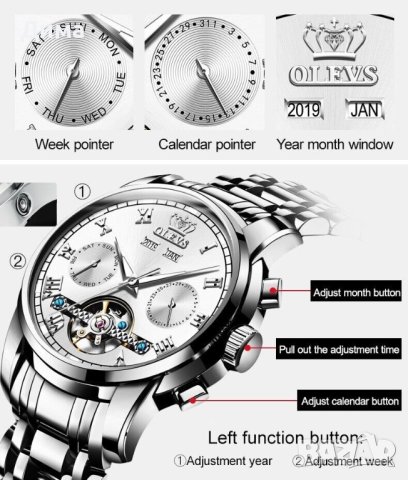 Olevs Automatic Skeleton HD Luminous Calendar, Мултифункционален, 3 ATM, снимка 8 - Мъжки - 43216826