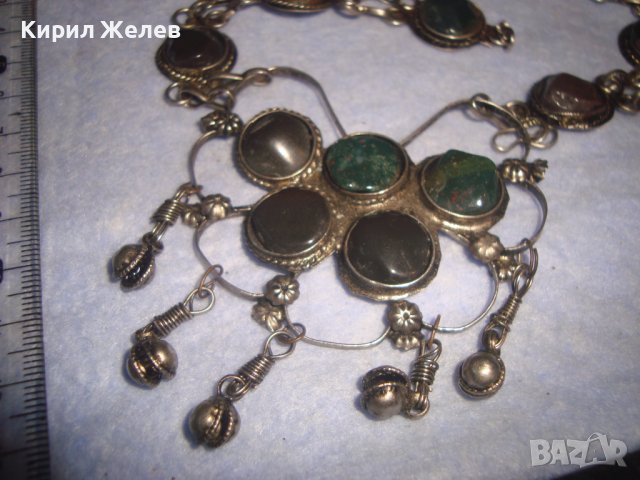 СТАРА СКЪПОЦЕННА ЕТНО СТИЛ ОРИЕНТАЛСКА ПОСРЕБРЕНА ОГЪРЛИЦА НАТУРАЛНИ КАМЪНИ НЕФРИТ АХАТ ЯСПИС 70881 , снимка 12 - Антикварни и старинни предмети - 37395584