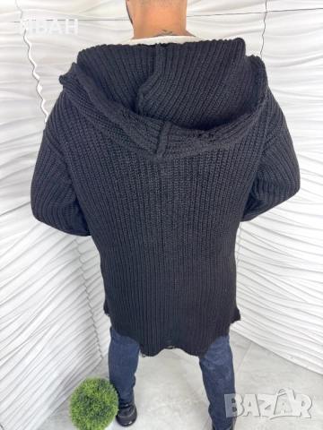 Мъжка плътна жилетка в черно с качулка, снимка 3 - Пуловери - 52970506