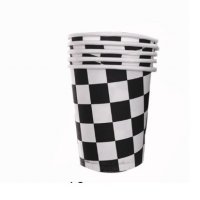 черно бели квадрати Рали шах мат 6 бр картонени чаши парти рожден ден, снимка 1 - Чаши - 26692972