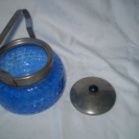 Ретро Бонбониера Синьо стъкло метален капак с дръжка, снимка 2 - Други ценни предмети - 39367235