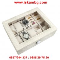 Кожена кутия за съхранение на 8 часовника + отделения за обеци и пръстени , снимка 1 - Подаръци за жени - 28439883