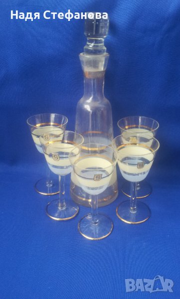 Ретро ракиен комплект бутилка с тапа и 5 чашки, Стинд - София, снимка 1