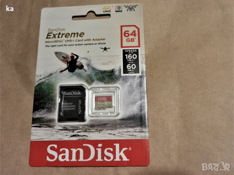 Карта памет SanDisk Extreme microSDXC 64GB за Action Cams и Drones и SD Adapter 160MB/s A2 C10 V30 U, снимка 1